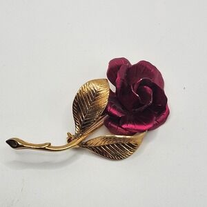 Cerrito Vintage Gold Tone Red Enamel Rose Flower Brooch Pin Floral Statement